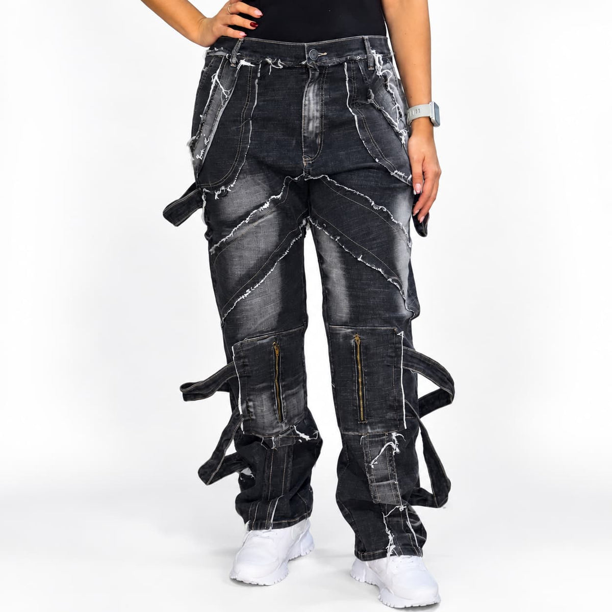 GALEX Cargo Dama — Edición Ceniza | Jean Levanta Cola Gris con Tiras y Bolsillos | RF.222