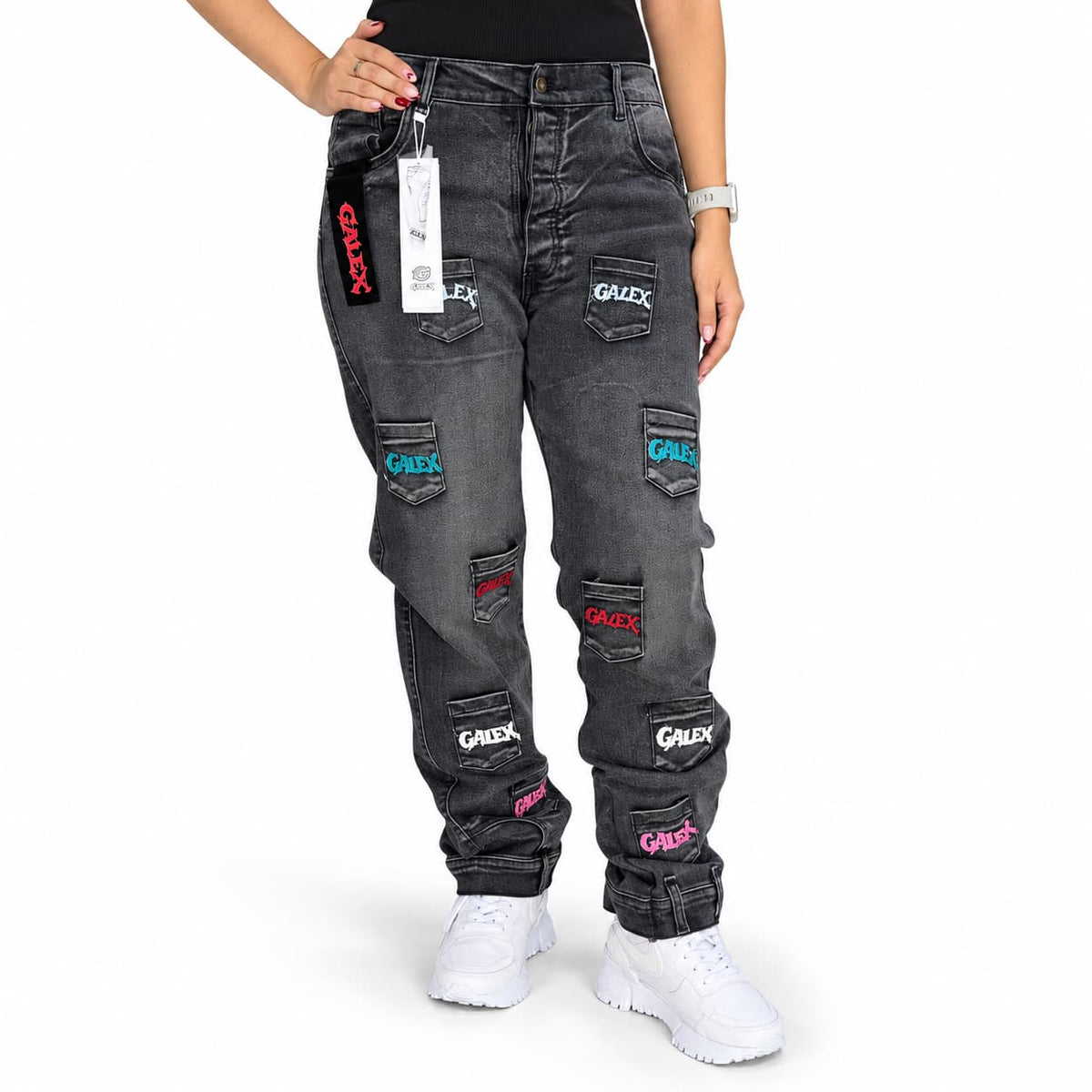 GALEX Bolsillos Dama — Edición Ceniza | Jean Levanta Cola Gris con Parches GALEX | RF.215