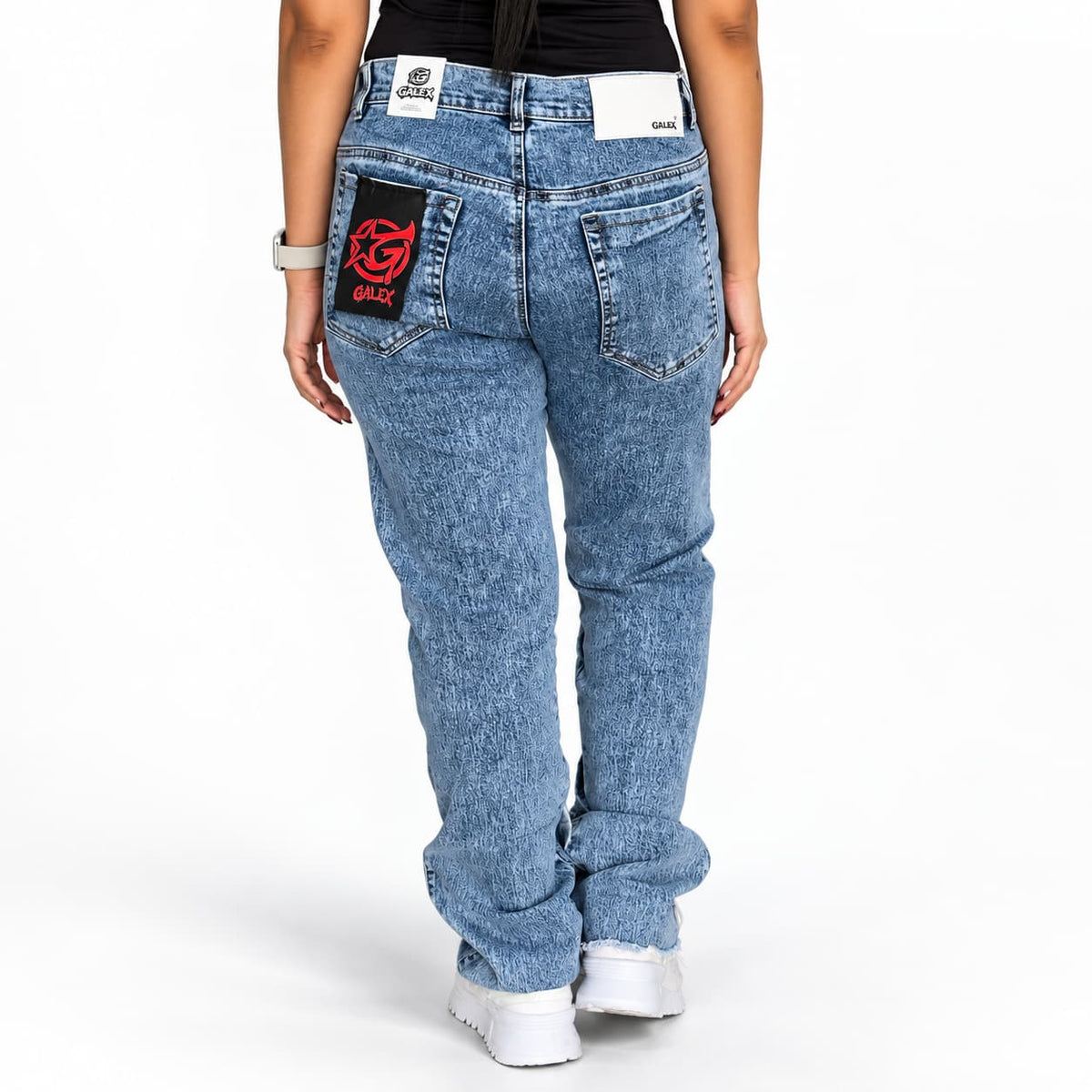 GALEX Patch Dama — Edición Cuadros | Jean Levanta Cola Azul con Parches Cuadrados | RF.214