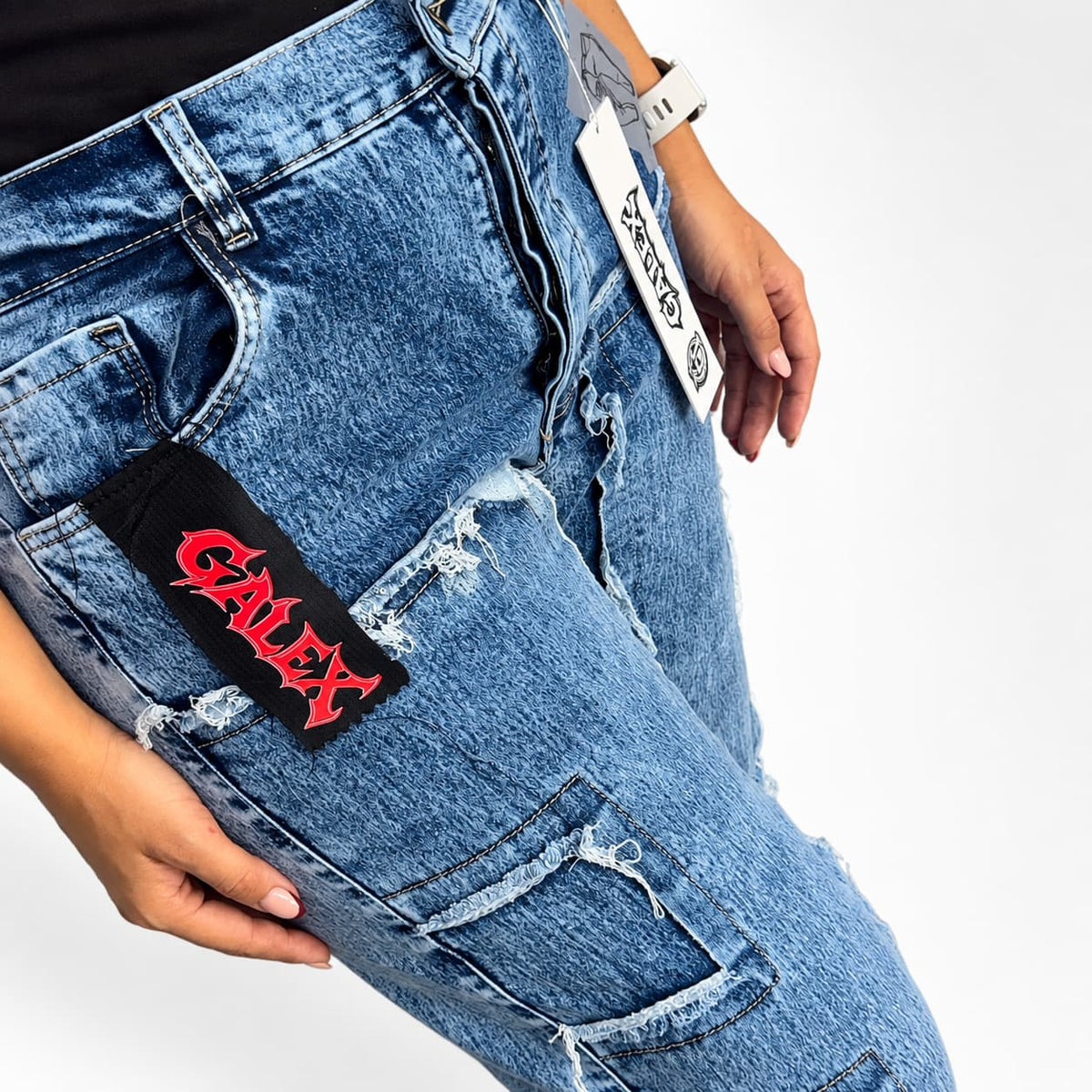 GALEX Patch Dama — Edición Cuadros | Jean Levanta Cola Azul con Parches Cuadrados | RF.214