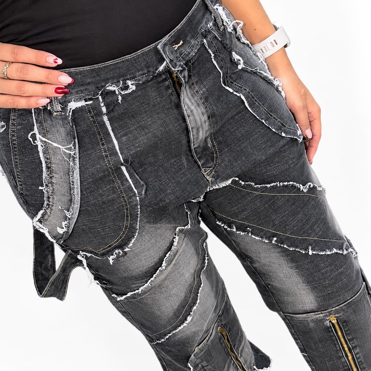 GALEX Cargo Dama — Edición Ceniza | Jean Levanta Cola Gris con Tiras y Bolsillos | RF.222