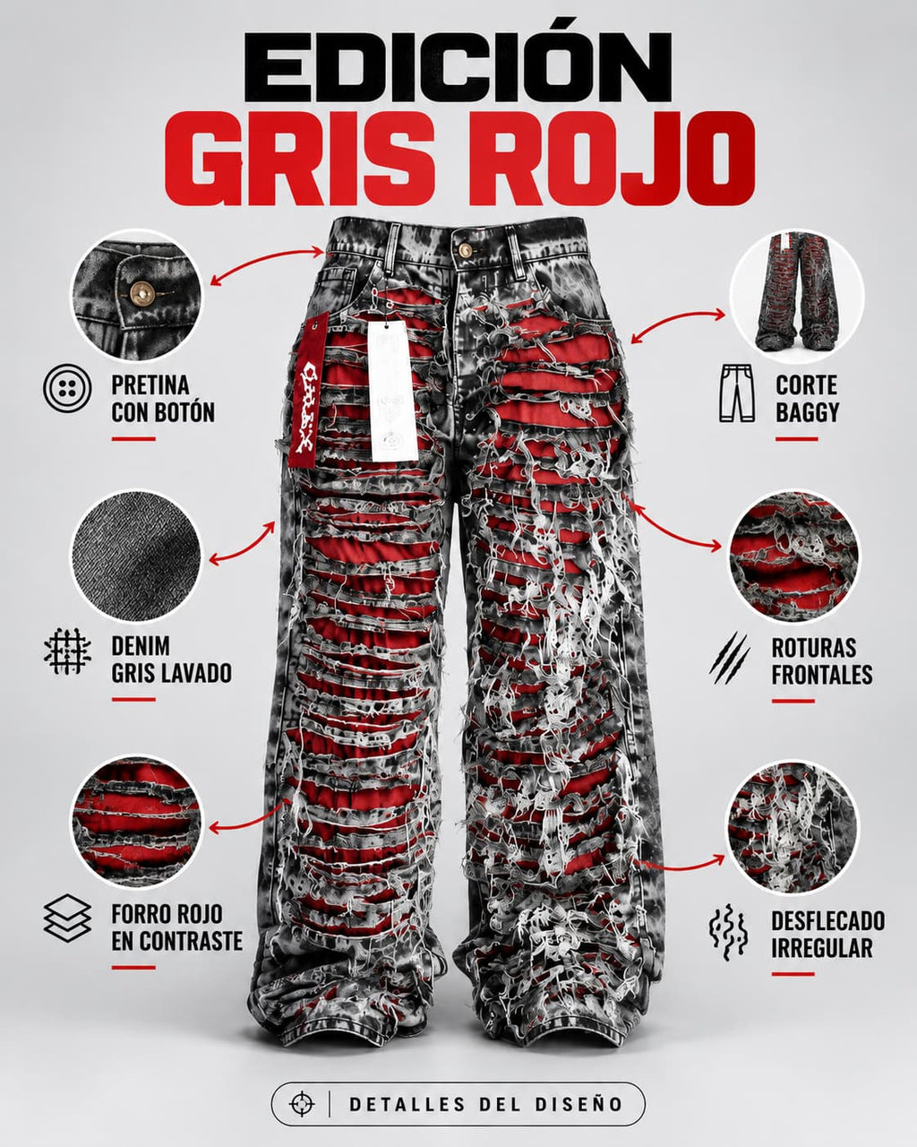 GALEX Gris Rojo Barbacha — Levanta Cola · Cintura de Avispa | Jean Gris con Rojo | RF.205