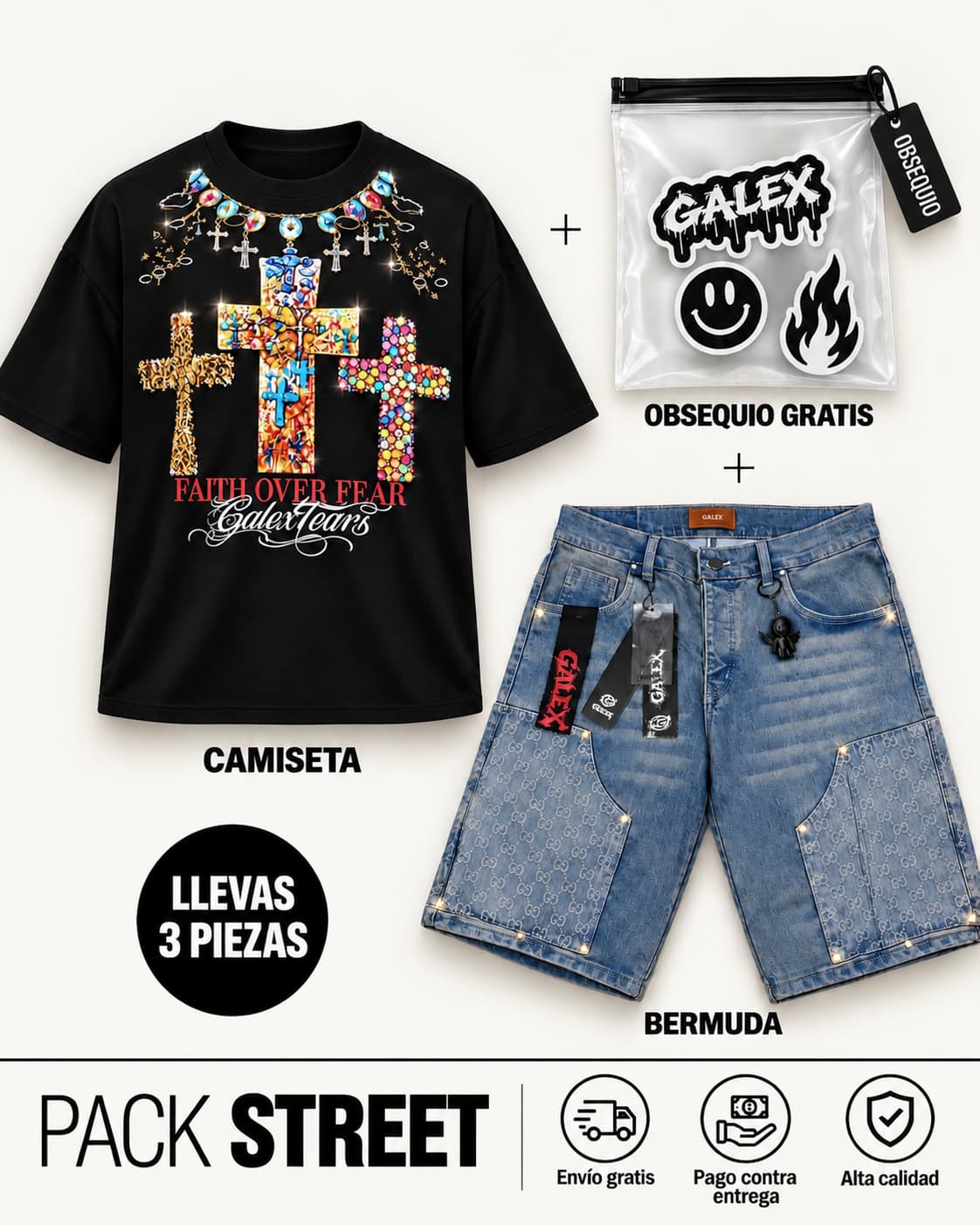 Pack Street GALEX — Edición Faith Over Fear | Camiseta + Bermuda Jean + Obsequio