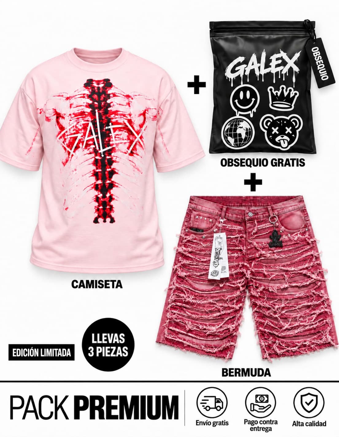 Pack Premium GALEX — Edición Rosa | Camiseta Esqueleto + Bermuda Rosada + Obsequio
