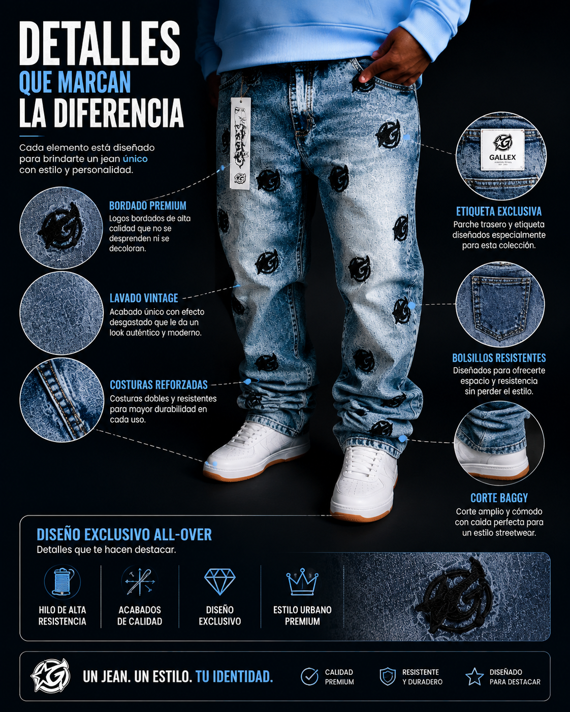 Jean Galex Logo G RF.005, denim azul claro con identidad GALEX